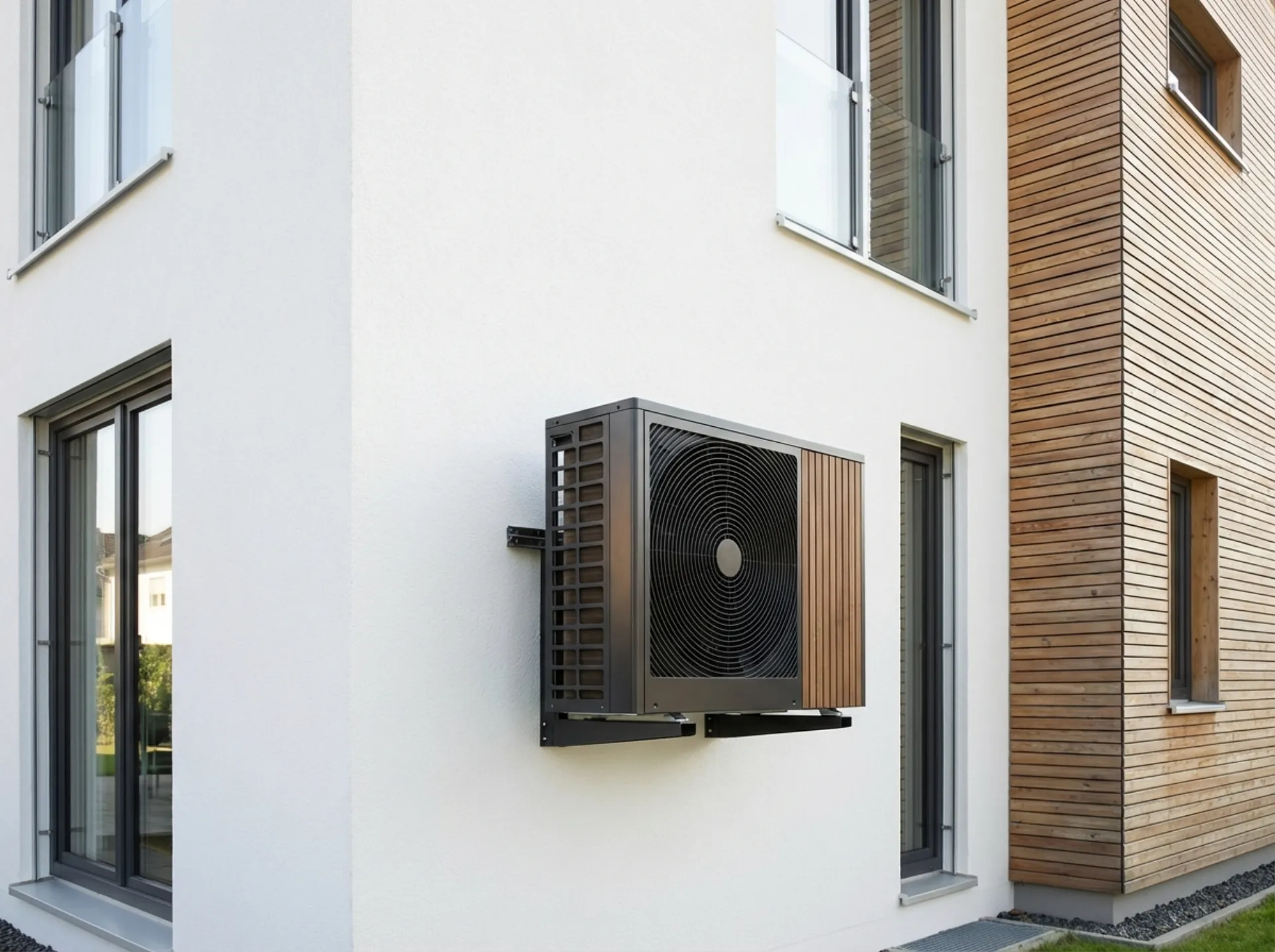 Moderne Wärmepumpe an Hausfassade